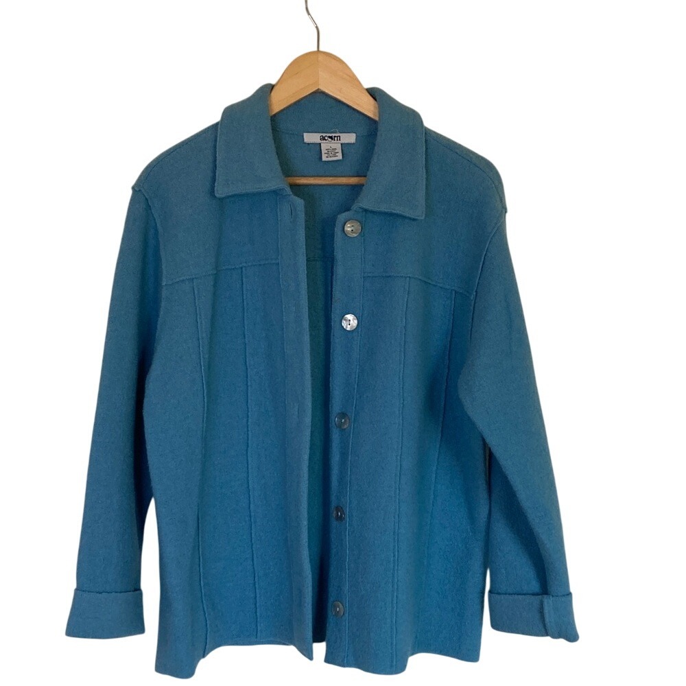 Acorn Womens Blue Wool Button-Front Sweater Jacket Size Large Classic Old Money‎